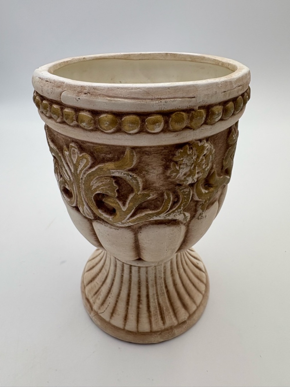 Vintage Grecian Style Cream and Golden Brown Ceramic Pedestal Vase or Planter - Picture 6 of 14